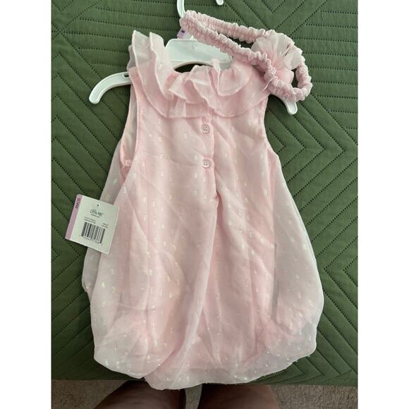 New Little Me 2-Piece 9 month Sparkle Soft Pink Bubble Romper & Headband Set - Picture 7 of 8